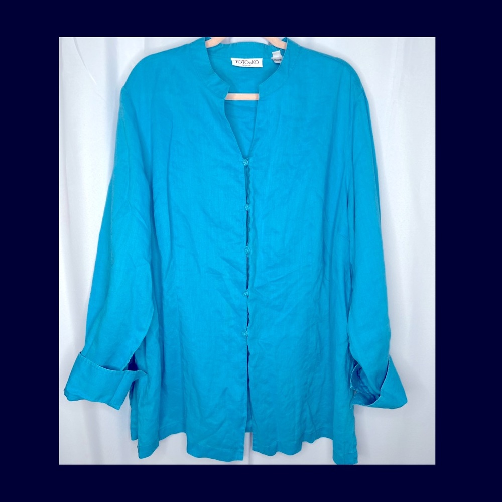 TOTOnKO Blue Linen Tunic Top 3 XL